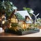 Miniature model of a house with wind turbines on a wooden table. Ai generative