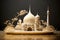 Miniature Modern Mosque with Golden Details on Wooden Table. Generative Ai