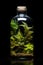 Miniature Paradise: Tropical Trees Encased in a Bottle Against a Black Background. created with Generative AI