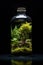 Miniature Paradise: Tropical Trees Encased in a Bottle Against a Black Background. created with Generative AI