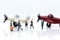 Miniature people : businesses team waiting for airplane travel around the world, business trip travel advisory agency or online