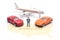 Miniature people, businessman and car airplane on map American