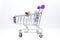 Miniature people: Businessman setting with shopping cart. Image use for shopping, marketing place world wide, business concept.