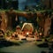 Miniature people camping, stop motion animation style