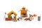 Miniature people: Construction workers building plans , have building materials, sand, brick, mortar. Use image for construction