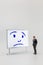 Miniature people, A dejected businessman is positioned in front of a white board, Blue monday concept