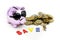 Miniature people : Family teach children saveing money coins with piggy bank,Teach your Children to save day