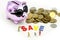 Miniature people : Family teach children saveing money coins with piggy bank,Teach your Children to save day