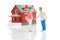 miniature people. figures of man and woman house model on white background. communication and relationship building. problems in