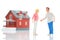 miniature people. figures of man and woman house model on white background. communication and relationship building. problems in