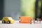 Miniature people : Group of traveler standing for hopping find passing car carrying to transfer travel