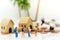 Miniature people: Group travelers travel by plane go to the beach. Image use for travel vacation, business concept