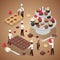 Miniature People Making Chocolate Candies. Sweet Food Production. Isometric illustration