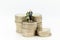 Miniature people, old couple figure standing on top of stack coins . Image use for background retirement planning, Life insurance