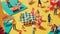 Miniature people playing chess on yellow background. Image use for background
