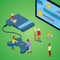 Miniature People Playing Video Games on Console. Gaming Technology. Isometric illustration