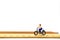 Miniature people ride bicycles on wooden ruler