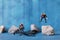 Miniature people , Scuba diver cleans up plastic rubbish pollution discarded in ocean