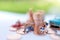 Miniature people sitting on beach sunbath seats and  coins stack.