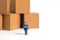 Miniature people toys conceptual photography. Post parcel package delivery. Postman courier with cardboard box,  on white