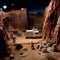 Miniature people : Traveler with camper van in the desert. Stop - motion animation style, offroad 4wd, 1990s.