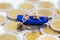 Miniature people : Travelers with paddle boat on coins. Image use for activities, travel business concept