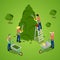 Miniature People Trimming Tree. Gardener Working. Isometric illustration