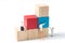 Miniature people worker painting wood cube building block