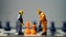 Miniature people workers moving chess pieces, generative Ai