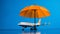 a miniature plane and an umbrella above against a serene blue background, with deliberate negative space, a visually appealing