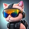 A miniature plastic figure of a stylish and ominous cat in a special forces helmet and armor. AI generated