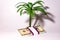 A miniature plastic palm tree on a white background with a pack of five dollar bills.