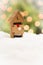 Miniature Santa in an Outhouse on Snow Over Holiday Background