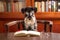 Miniature schnauzer dog reads a book in the classroom