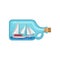 Miniature sea ship inside of glass bottle with cork. Model of marine vessel. Flat vector element for promo poster of