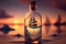 miniature ship in bottle floating on calm sea with serene sunsets