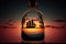 miniature ship in bottle floating on calm sea with serene sunsets