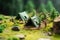 Miniature tent, tree and camper on green backdrop. Minimal camping concept. Nativity scene in the forest. AI generative