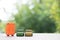 Miniature toy car and miniature orange suitcases on nature background
