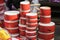 Miniature toy drums for sale on Hang Ma street. The street are busy before Vietnamese Mid-Autumn Festival for children who receive