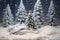 Miniature toy night festive illuminated snowy Christmas tree. Merry Christmas and happy holidays