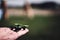 Miniature toy remote controlled drone taking off from a hand