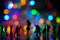 Miniature toy - Silhouette of a man holds colorful balloons among busy commuters crowd with colorful bokeh lights, waiting for