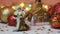 Miniature toy traditional Father Christmas in front of shining garland and Christmas tree toys. Concept. Close up of New