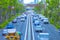 A miniature traffic jam at the avenue daytime in the downtown tiltshift