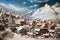 miniature view of a snow-covered mountain village with rooftops