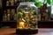 miniature village in a glass terrarium, green oasis