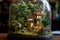 miniature village in a glass terrarium, green oasis