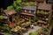 miniature village market scene with stalls and goods