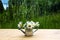 Miniature watering can with daisies on wooden table outdoors in garden